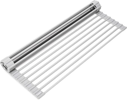 Surpahs Over Sink Foldable Multipurpose Roll-Up Dish Drying Rack, Silicone Wrapped Stainless Steel, Warm Gray, 17.5" x 13.1"