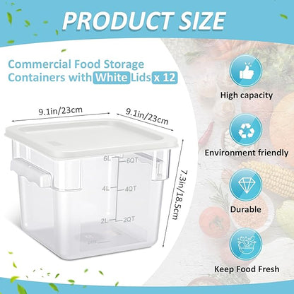 Yungyan 12 Pcs 6 Qt Commercial Food Storage Containers with white Lids Restaurant Square Airtight Food Storage Containers Clear Cereal Container for Kitchen Freezer Dishwasher Pantry