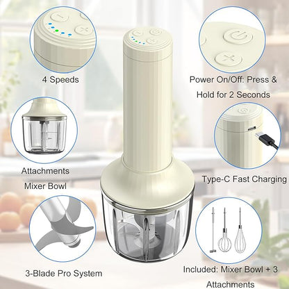 Cordless Hand Mixer MixgoII, Handheld Mixer Electric Whisk & Milk Frother, Hand Held Mini Mixers, Rechargeable Hand Mixer and Whisker, Food Processor for Cooking, Food Chopper, 4-Speed, 10Oz