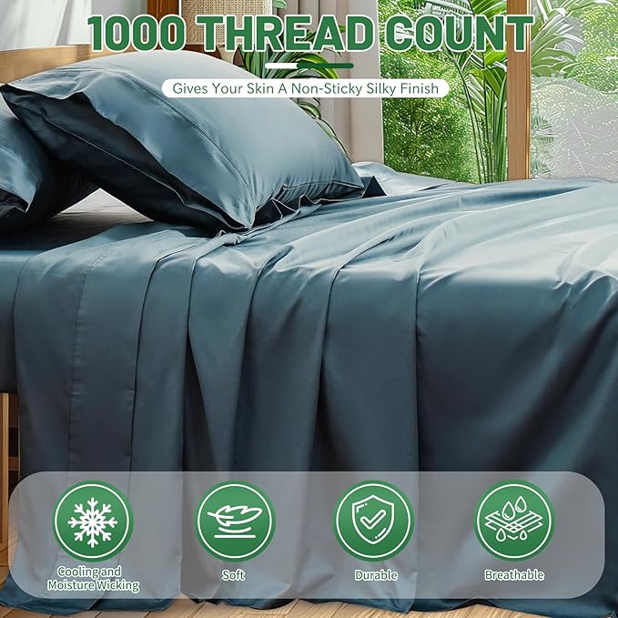 100% Egyptian Cotton Sheets King Size 1000 Thread Count Sateen Weave Soft Breathable 16-Inch Deep Pocket 4PCS（King,Lake Blue）