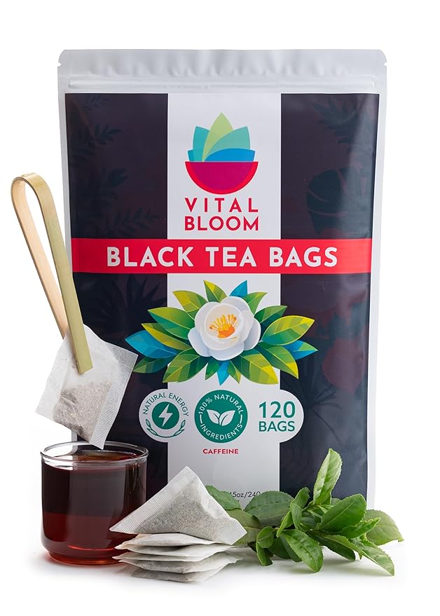 Vital Bloom Black Tea, 120 Count Tea Bags, Smooth, Flavourful, and Robust, Enjoy Hot or Cold Brew, Bleach Free Tea Bags, Non GMO (Free Bamboo Tongs Included)
