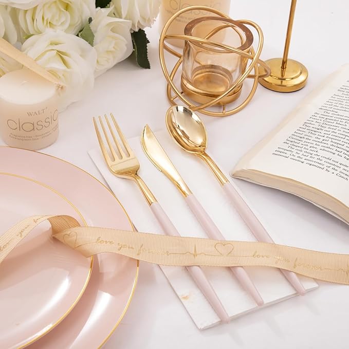 I00000 60 Pack Pink Plastic Silverware,Gold Disposable Flatware with Pink Handle, Gold Plastic Cutlery Set Includes: 20 Forks, 20 Knives and 20 Spoons, Tableware Set for Party and Wedding