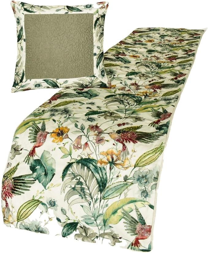 The HomeCentric King Queen Twin Ivory & Multi Designer Full 68"x18" Bed Runner with Pillow Cover, Bird, Sequins & Beaded Bed Scarf on Cotton Fabric - Exotic Birds