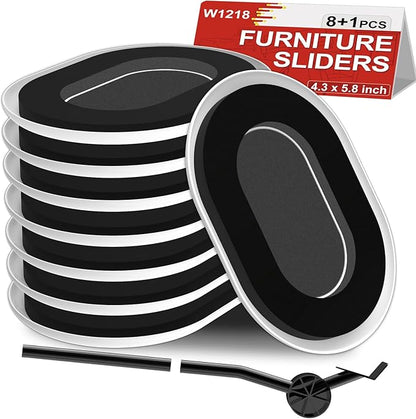 Upgrade Furniture Sliders, Furniture Sliders for Carpets, Oval Moving Pads with 8 PCS 5.8 * 4.3" Carpet Sliders+1 Lifter, Furniture Moving Sliders for Easy Move Bed Tables Cabinet, Protect Carpets