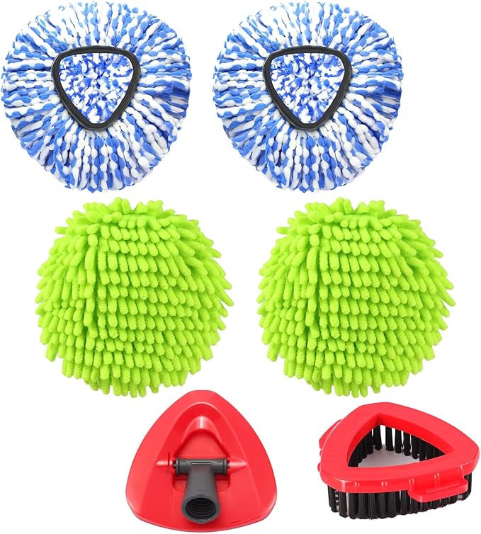 Mop Heads Replacements for OCedar RinseClean 2 Tank Spin Mop System, Mop Replace Head with 2 Microfiber Mop Head Refills, 2 Chenille Mop Pads,1 Scrub Brush, and 1 Mop Base Set Combo