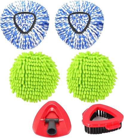 Mop Heads Replacements for OCedar RinseClean 2 Tank Spin Mop System, Mop Replace Head with 2 Microfiber Mop Head Refills, 2 Chenille Mop Pads,1 Scrub Brush, and 1 Mop Base Set Combo