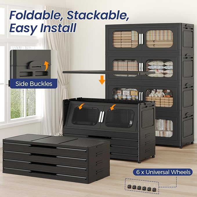 150GAL Extra Large Storage Bins with Lid, 600QT Storage Bins with Wheels, Folding Closet Organizer, Stackable Collapsible Plastic Storage Containers for Home, Office, Dorm, 3Pack Black
