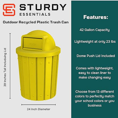 42 Gallon Slatted Circle 100% Recycled Plastic Commercial Outdoor and Indoor Trash Can with Push Open Dome Lid and Internal Liner | Great for Schools and Businesses - Yellow
