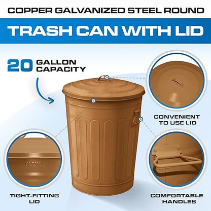 Plexon Round Trash Can 13 Gallon, Vintage Metal Outdoor Trash Can with Lid, Retro Farmhouse Garbage Container, Old School Modern Ash Bucket, Copper 6 Pack