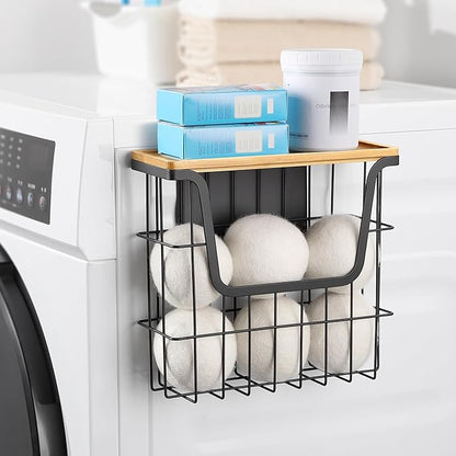 Magnetic Dryer Ball Holder - Black Basket for Laundry Room Organization and Storage with Bamboo Top - Magnetic Lint Bin Suitable for Washer and Dryer / Fridge / Whiteboard (No Balls)