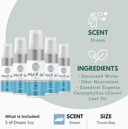 Mist N’ Go by Omaze Travel Bathroom Spray for Toilet Spray Odor Eliminator - Travel Toilet Spray for Bathroom Air Freshener Spray for Bathroom Deodorizer - Dream Travel Size (1oz x5)