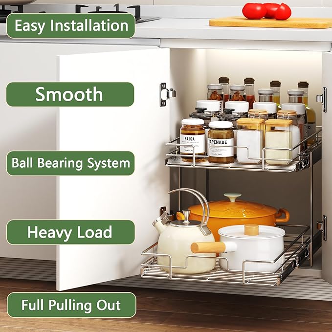 2 Tier Individual Pull Out Cabinet Organizer 22½" W x 21½" D, Heavy Duty Cabinet Pull Out Shelves, Slide Out Drawers Organization for Kitchen Cabinets Bathroom