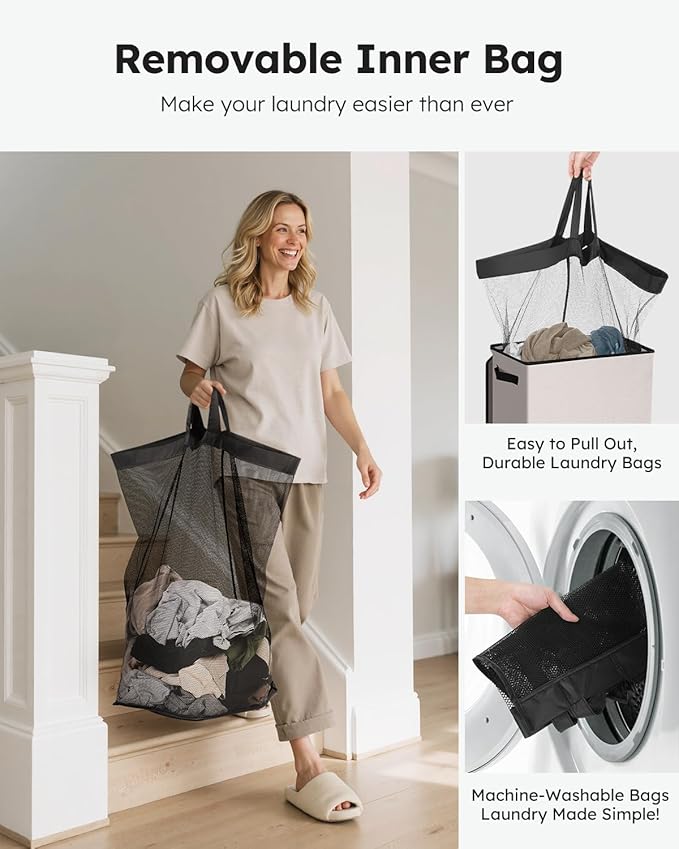 SOLEDI Laundry Hamper with Lid 90L Large & Tall Collapsible Laundry Basket, Clothes Hamper with Bag Removable Easy to Carry, Dirty Hampers for Bedroom, Bathroom, Dorm, College, Light taupe