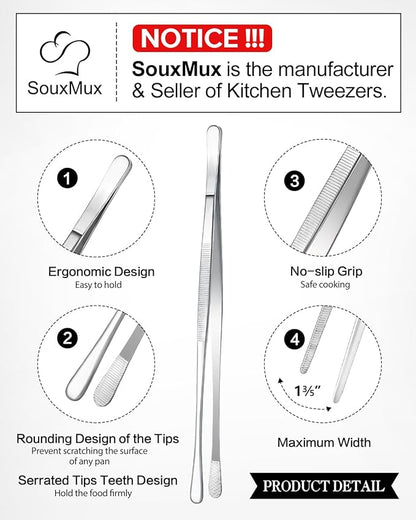 2 Pcs 12-inch Cooking Tweezers Tongs Precision Serrated Tips, Stainless Steel Professional Chef Tweezer Kitchen Tools for BBQ, Plating and Serving（Silver）