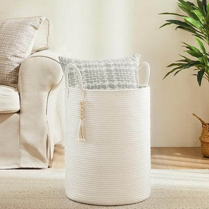Fiona's magic Woven Rope Laundry Hamper, Tall Laundry Basket for Blanket Storage, Large Dirty Clothes Hamper for Toys, Decorative Baby Nursery Hamper for Bedroom, Living Room - White, 72L