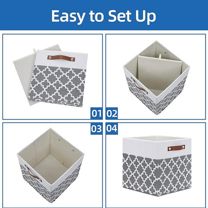Temary 12x12x12 Fabric Storage Bins 4 Pack with Leather Handle, Foldable Cubes Storage Box Baskets for Closet, Shelf (White&Lattice)