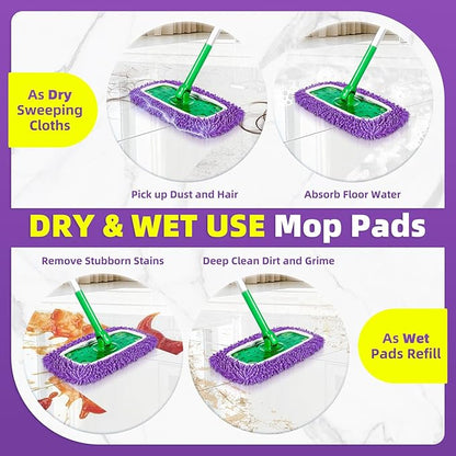 Reusable Mop Pads Compatible with Swiffer Sweeper Mop - Microfiber Dry Sweeping Cloths & Washable Wet Pads Refill Chenille Wet Mopping Cloths for Use on All Sealed Floors Cleaning(Mop is not Included)