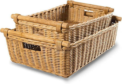 The Basket Lady Low Pole Handle Wicker Storage Basket, Large, 19.5 in L x 12.5 in W x 6 in H, Sandstone