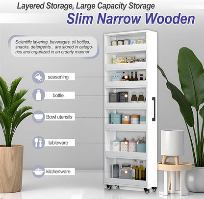 7-Tier Slim Storage Cart, Wooden Rolling Pantry Cabinet with Wheels, Narrow Shelf Organizer for Kitchen, Bakers Rack, Dining Room, Closet, Small Spaces Light Walnut 47.2" H*9.8" W*23.6" D