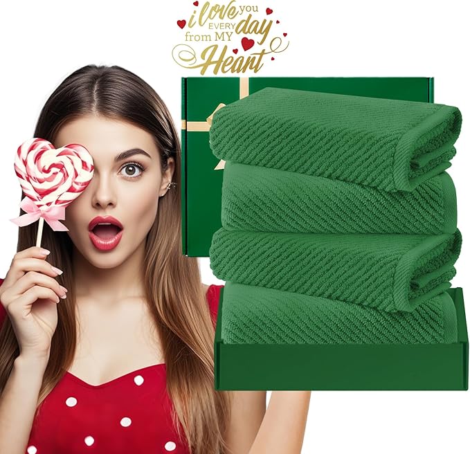 Green Hand Towels for Bathroom (4PC, Large 18"x28") - 100% Cotton | Quick Dry | Light Weight | Thick | Soft | Absorbency, Hand Towels for Showering, Bathroom Essentials Set, Hunter Green