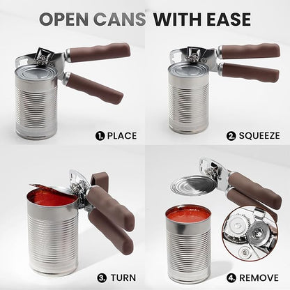 Zulay Kitchen Heavy Duty Stainless Steel Can Opener Manual with Bottle Opener - Rust Proof Manual Can Opener With Turn Knob & Comfy Soft Grip Handles - Brown