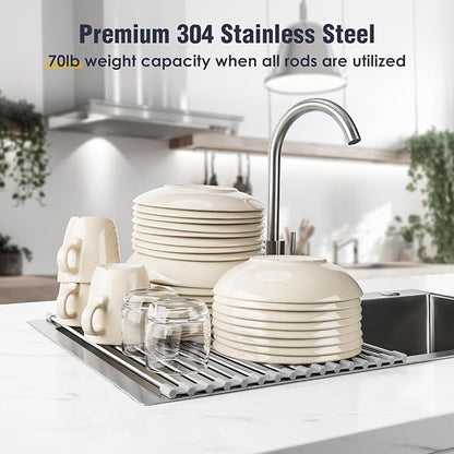 Tomorotec 17.7" x 12.5" Roll Up Dish Drying Rack Over Sink Drying Rack Sink Cover Kitchen Sink Accessories Gadget Multipurpose Organizer Foldable Stainless Steel Drainer
