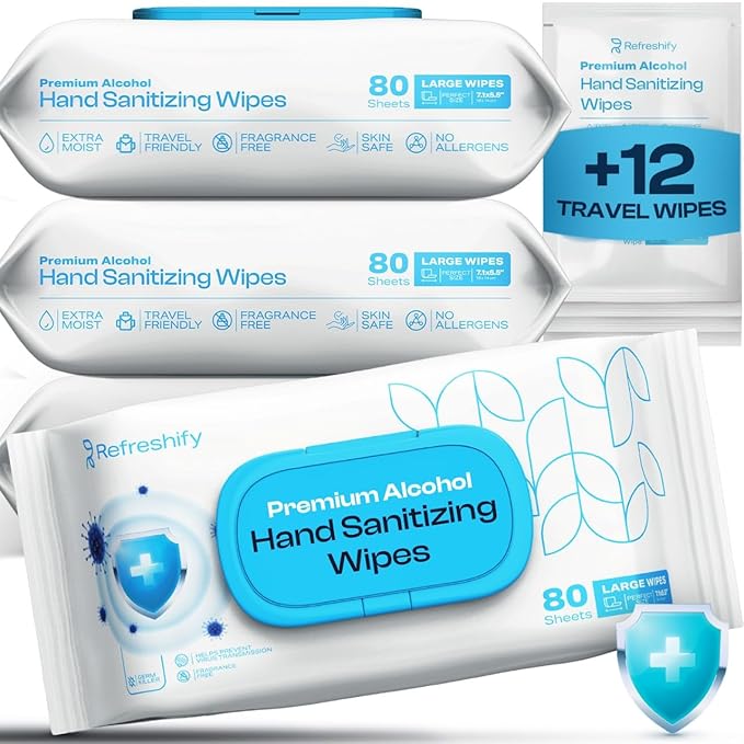 Large Alcohol Wipes 75% Unscented Hand Sanitizing Wipes (320 count +12 travel wipes) Alcohol Wipes for Travel Home and Classroom - Resealable Pack