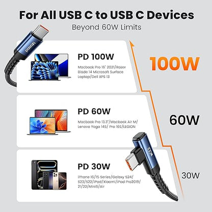 USB C Cable 10ft 100W Right Angle Fast Charging Cord, Nylon Braided USB 2.0 Cable for iPhone 17 16 15 Pro Plus Pro Max Air, iPad Pro, Samsung Galaxy S24 S23, Switch, MacBook Pro, Pixel