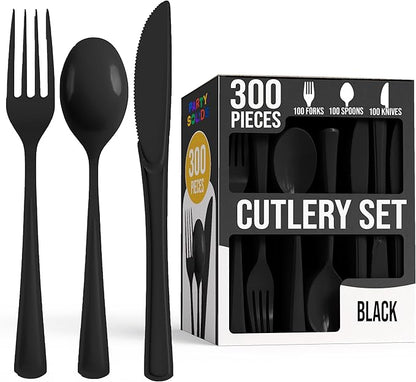 Party Solids Black Plastic Silverware Heavy Duty 300 Pieces Black Plastic Cutlery Sets, Utensil Sets, 100 Of Each Forks, Knives & Spoons Disposable Cutlery Set, Flatware Set For Party Supplies