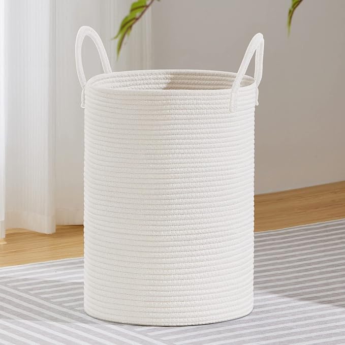 VIPOSCO Large Laundry Hamper, Tall Woven Rope Storage Basket for Blanket, Toys, Dirty Clothes in Living Room, Bathroom, Bedroom - 72L White