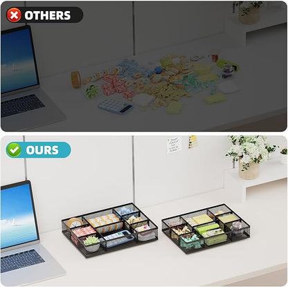 Marbrasse 2 Pack Desk Drawer Organizer, Mesh Drawer Organizer Tray with 8 Adjustable Compartments, Desk Organizers and Accessories, 5 Dividers Drawer for Office Supplies, Makeup & Vanity (Black)