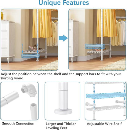 Timate F3 Garment Rack Heavy Duty Clothes Rack for Hanging Clothes, Expandable Industrial Pipe Wall Mounted Clothing Rack, Adjustable Storage Closet Wardrobe Closet Kit Walk in Closet Systems, White