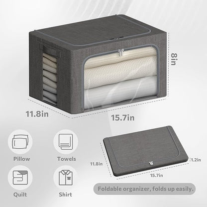 4 Pack Clothes Storage Bins with Metal Frame - Linen Fabric Foldable Stackable Container Organizer Set with Clear Window & Carry Handles & Zippers (Dark Gray, 15.7"x11.8"x7.8")