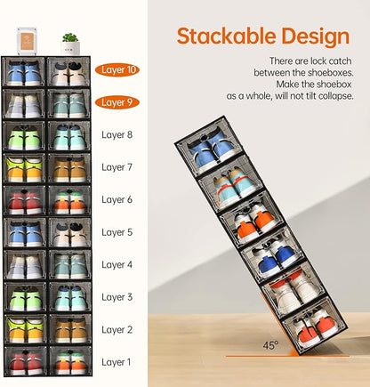 12 Pack Shoe Boxes Stackable,Upgraded Sturdy Shoe Storage Boxes with Clear Magnetic Door,Multifunctional Sneaker Storage, Shoe Box Organizer Fit up to US Size 12 Gray(13.8”x 9.84”x 7.1”)