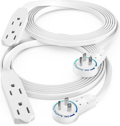 Maximm Cable 6 Ft 360° Rotating Flat Plug Extension Cord/Wire, 16 AWG Multi 3 Outlet Extension Wire, 3 Prong Grounded Wire - White - 2 Pack - UL Certified