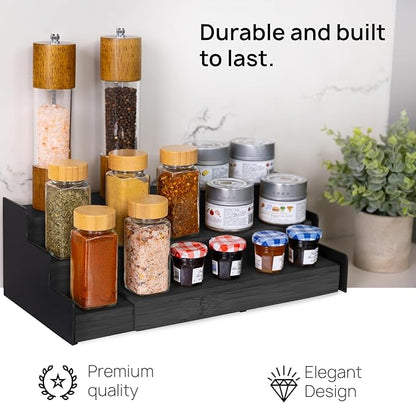 Ibyx Premium 3-Tier Spice Rack Organizer for Cabinet - Expandable Bamboo Spice Storage - Non-Skid Countertop Step Spice Shelf - Great for Kitchen Cabinet, Countertop, Cupboard, Pantry (Black)