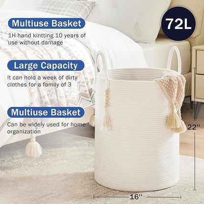 Fiona's magic Woven Rope Laundry Hamper, Tall Laundry Basket for Blanket Storage, Large Dirty Clothes Hamper for Toys, Decorative Baby Nursery Hamper for Bedroom, Living Room - White, 72L