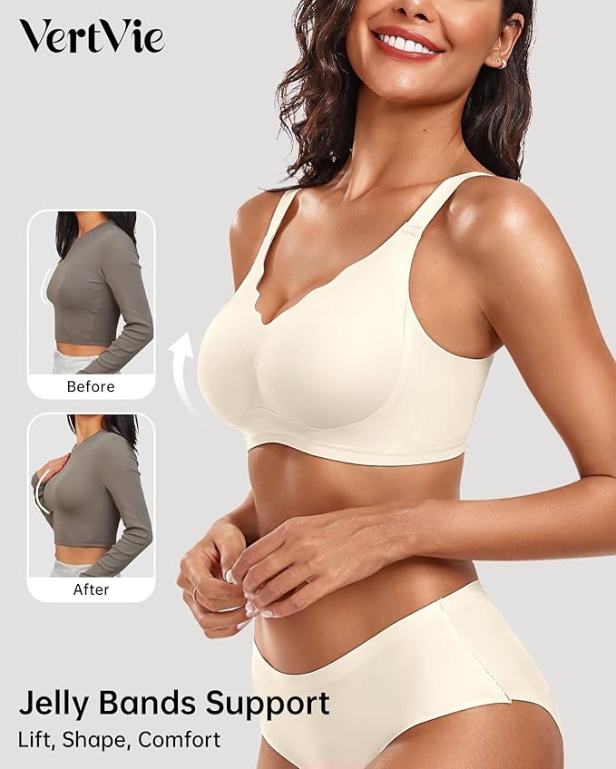 Vertvie Womens Seamless Bras No Underwire Supportive Wireless Push Up Full Coverage Bralette Comfort Scalloped T-Shirt Bra