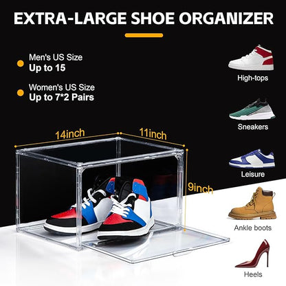 NYZE 12 Pack Acrylic Shoe Boxes Side Open, Clear Shoe Box Plastic Stackable, Shoe Storage Organizer with Magnetic Door, Shoe Display Shoe Containers with Lids Fits Up to Size 15
