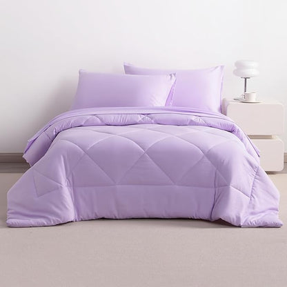 NTBAY Twin Comforter Set with Sheets, 5 Pieces Soft and Breathable Twin Bedding Set, Twin Bed in a Bag, Down Alternative Comforter Set Solid Color All Season, Kids Bedding Set, Light Purple