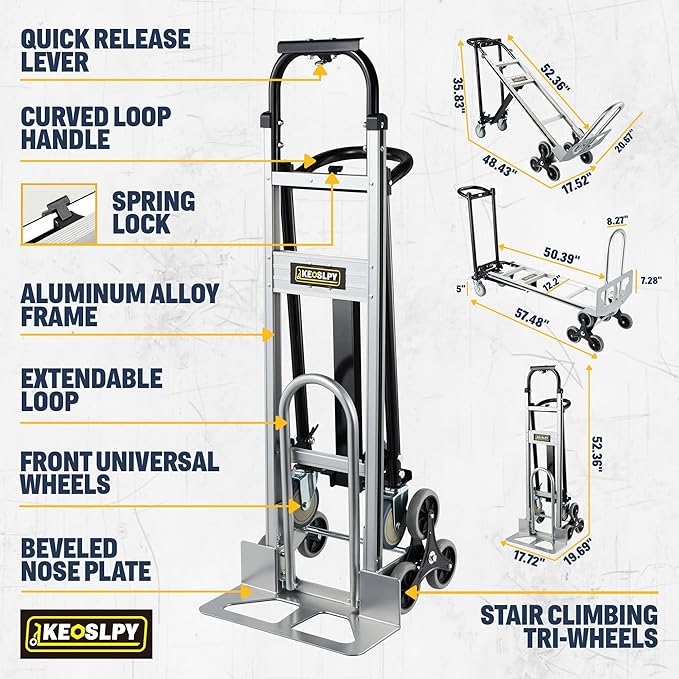3 in 1 Industrial Convertible Hand Truck, 1000 LBS Capacity Heavy Duty Platform Cart, Utility Aluminum Collapsible Dolly with Stair Climbing Wheels and Dual Handles for Transport, Moving
