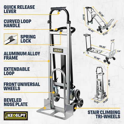 3 in 1 Industrial Convertible Hand Truck, 1000 LBS Capacity Heavy Duty Platform Cart, Utility Aluminum Collapsible Dolly with Stair Climbing Wheels and Dual Handles for Transport, Moving