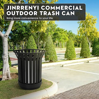 Round Heavy Duty Outdoor Trash Can, Large Metal Slatted Garbage Can for All Weather Resistant, Commercial Garbage Cans, Waste Receptacle in Park, Beach, Patio (Black, Medium)