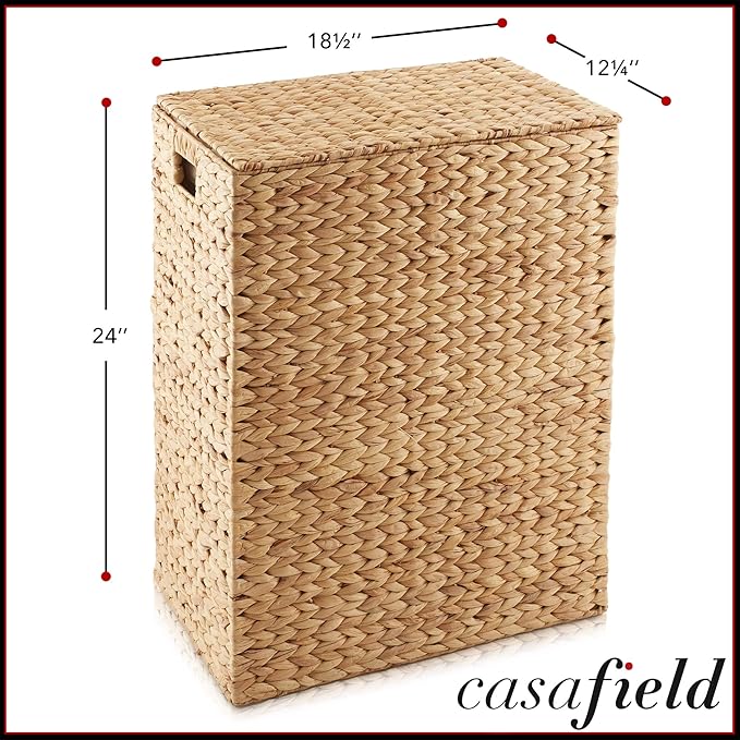 Casafield Large Laundry Hamper with Lid and Removable Liner Bag - Natural, Woven Water Hyacinth Rectangular Laundry Basket Sorter for Clothes and Towels