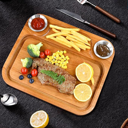 Wooden Steak Plates include 2 Sauce Cups, Wood Steak Board Set Serving Tray for Food Meat Cutting Board with Juice Groove, Charcuterie Board Platter for Home