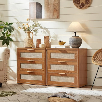 LEYAOYAO Rattan Night Stand with Drawers, 23" Large 3 Drawer Boho Nightstand, Natural Wood Bedside Table Storage Cabinet, Bed Side End Tables Dresser for Bedroom, Living Room, Hallway, Closet