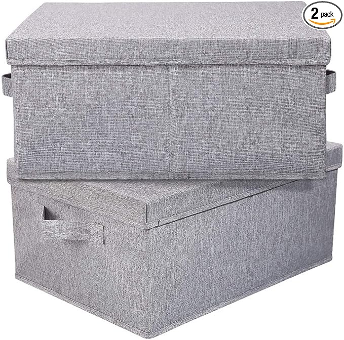 HOONEX Linen Foldable Storage Bins with Lids, 2 Pack, Storage Boxes with Carrying Handles and Sturdy Heavy Cardboard, 16.5" L x 11.8" W x 7.5" H for Shoes, Books, Clothes, Light Grey