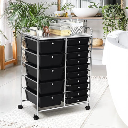 GOFLAME 15-Drawer Rolling Storage Cart, Multipurpose Movable Organizer, Utility Cart for Home, Office, School, Black