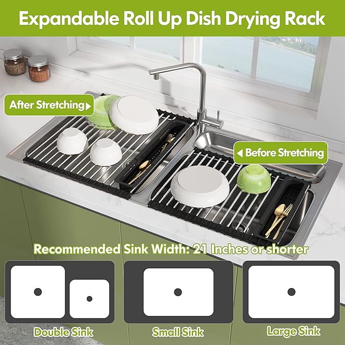 JASIWAY Dish Drying Rack, Roll Up Dryer Rack for Inside Sink, Expandable (12.8"-23.8" D x 15.5" W) 304 Stainless Steel Dish Drainers for Kitchen Counter, Over Sink Cover with Utensil Holder