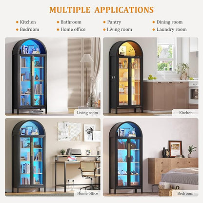 Arched Kitchen Pantry Cabinet with Glass Doors, Display Curio Case with 3 Color LED Lights for Collectibles, Modern 5-Tier Storage Hutch Cabinet for Kitchen, Dining Room, Black